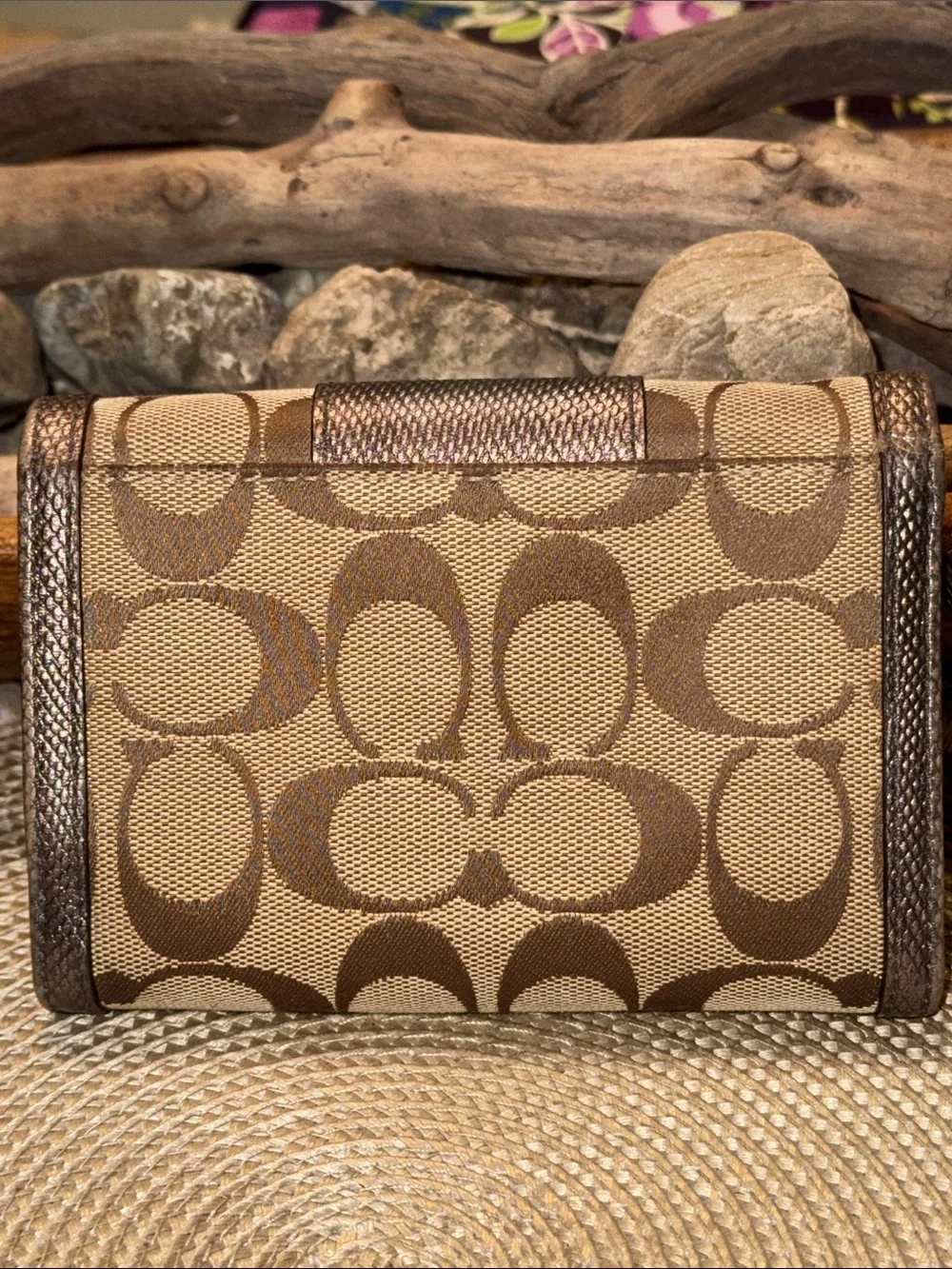 Coach Brown Signature Canvas Wallet with Metallic Bronze Trim